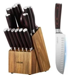 VEVOR Kitchen Knife Set with Block and Sharpener, 15 Piece High Carbon Stainless Steel Knife Set, Rust-Resistant Kitchen Cutlery with Ergonomic Handle, Sharpening Rod & Premium Wooden Block, for Home