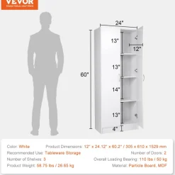 VEVOR Kitchen Pantry Cabinet, 60" Tall Food Pantry Storage Cabinet, 110LBS Freestanding Storage Cabinet Cupboard with 3 Shelves(2 Adjustable), Engineered Wood Utility Pantry for Kitchen, Dining Room