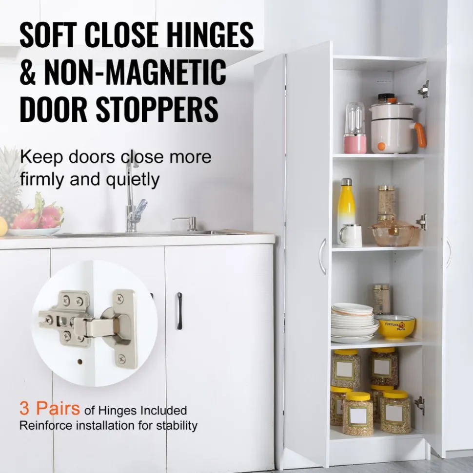 VEVOR Kitchen Pantry Cabinet, 60" Tall Food Pantry Storage Cabinet, 110LBS Freestanding Storage Cabinet Cupboard with 3 Shelves(2 Adjustable), Engineered Wood Utility Pantry for Kitchen, Dining Room
