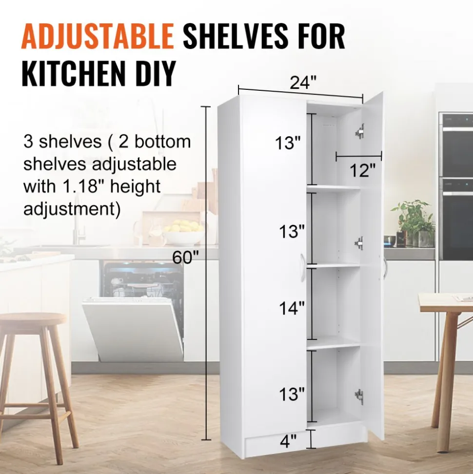 VEVOR Kitchen Pantry Cabinet, 60" Tall Food Pantry Storage Cabinet, 110LBS Freestanding Storage Cabinet Cupboard with 3 Shelves(2 Adjustable), Engineered Wood Utility Pantry for Kitchen, Dining Room