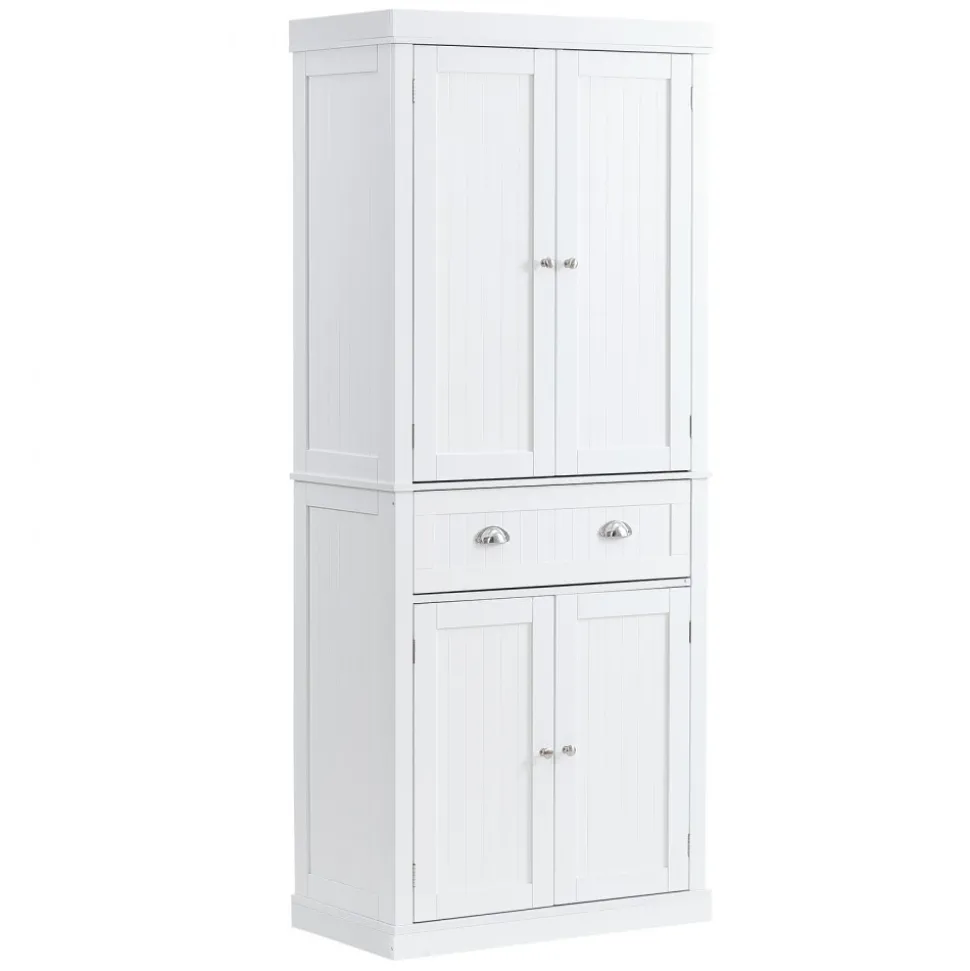 VEVOR 72" Kitchen Pantry Storage Cabinet, Freestanding Utility Cabinets with Doors, Drawer and 3 Adjustable Shelves, Tall Food Buffet Pantries for Kitchen, Living Room, Dinning Room, Laundry, White