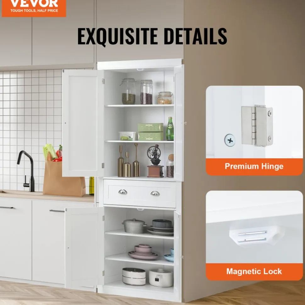 VEVOR 72" Kitchen Pantry Storage Cabinet, Freestanding Utility Cabinets with Doors, Drawer and 3 Adjustable Shelves, Tall Food Buffet Pantries for Kitchen, Living Room, Dinning Room, Laundry, White