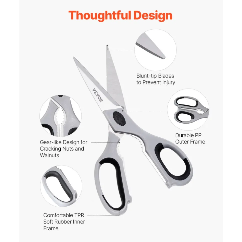 VEVOR Kitchen Scissors, Durable Stainless Steel Kitchen Shears with Protective Sheath, Heavy Duty Cooking Shears Soft Grip Comfort Handle, Kitchen Utensil for Cutting Meat, Food, Fish, Poultry, Grey