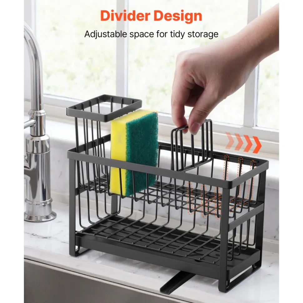 VEVOR Kitchen Sink Caddy Organizer, 2 Tier Sponge Holder for Kitchen Sink with High Brush Holder & Divider, Storage Rack with Rotatable Drainage Spout, Countertop Organizers and Storage Essentials