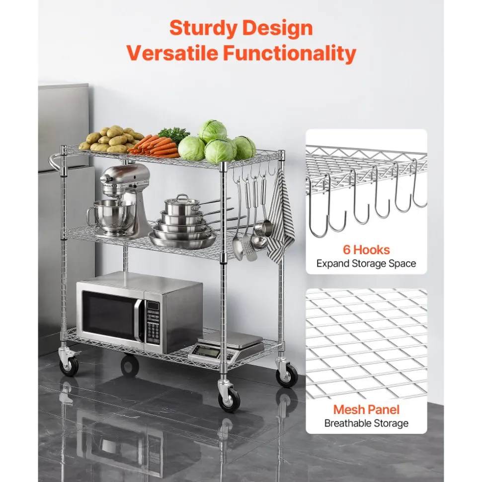 VEVOR Kitchen Utility Cart, 3 Tier Heavy Duty Adjustable Wire Storage Rack, Commercial Steel Rolling Service Trolley on Wheels, Work Table with Handle Bar, for Garage and Laundry Room, 35x17.8x40.9 in