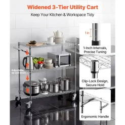 VEVOR Kitchen Utility Cart, 3 Tier Heavy Duty Adjustable Wire Storage Rack, Commercial Steel Rolling Service Trolley on Wheels, Work Table with Handle Bar, for Garage and Laundry Room, 35x17.8x40.9 in