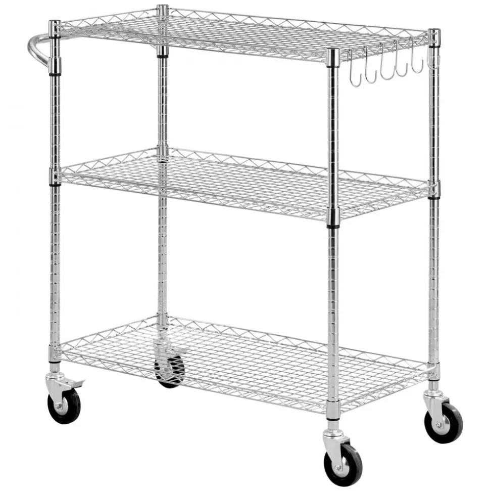 VEVOR Kitchen Utility Cart, 3 Tier Heavy Duty Adjustable Wire Storage Rack, Commercial Steel Rolling Service Trolley on Wheels, Work Table with Handle Bar, for Garage and Laundry Room, 35x17.8x40.9 in