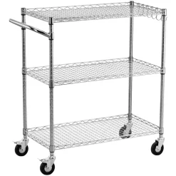 VEVOR Kitchen Utility Cart, 3 Tier Heavy Duty Adjustable Wire Storage Rack, Commercial Steel Rolling Service Trolley on Wheels, Work Table with Handle Bar, for Garage and Laundry Room, 35x17.8x40.9 in
