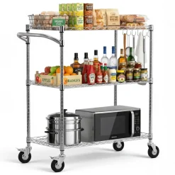 VEVOR Kitchen Utility Cart, 3 Tier Heavy Duty Adjustable Wire Storage Rack, Commercial Steel Rolling Service Trolley on Wheels, Work Table with Handle Bar, for Garage and Laundry Room, 35x17.8x40.9 in