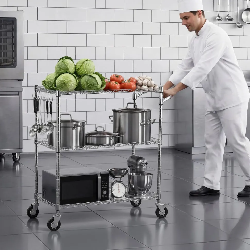 VEVOR Kitchen Utility Cart, 3 Tier Heavy Duty Adjustable Wire Storage Rack, Commercial Steel Rolling Service Trolley on Wheels, Work Table with Handle Bar, for Garage and Laundry Room, 35x17.8x40.9 in