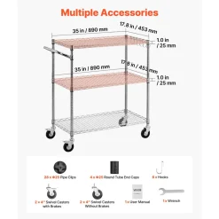 VEVOR Kitchen Utility Cart, 3 Tier Heavy Duty Adjustable Wire Storage Rack, Commercial Steel Rolling Service Trolley on Wheels, Work Table with Handle Bar, for Garage and Laundry Room, 35x17.8x40.9 in