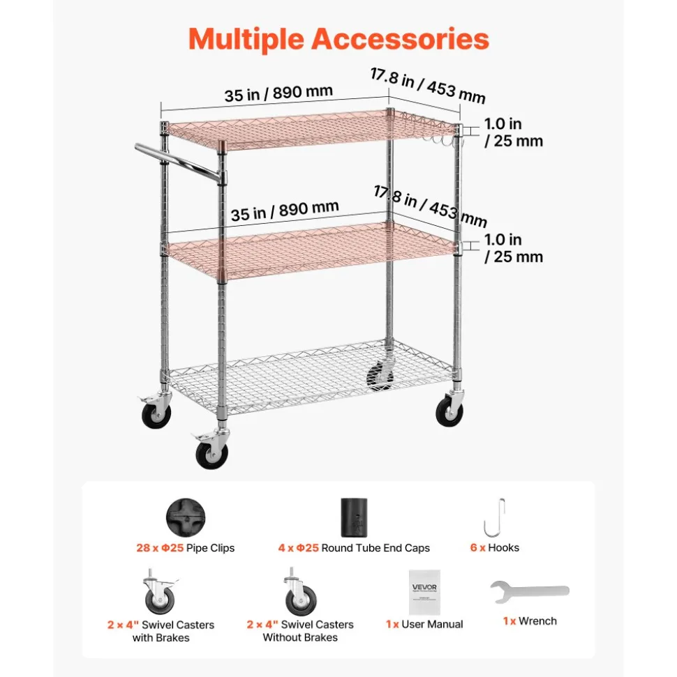 VEVOR Kitchen Utility Cart, 3 Tier Heavy Duty Adjustable Wire Storage Rack, Commercial Steel Rolling Service Trolley on Wheels, Work Table with Handle Bar, for Garage and Laundry Room, 35x17.8x40.9 in