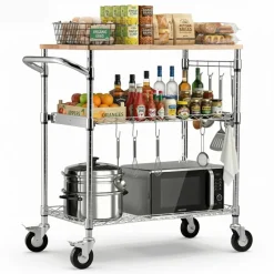 VEVOR Kitchen Utility Cart, 3 Tier Heavy Duty Adjustable Wire Storage Rack with Wood Tabletop and Handle Bar, Rolling Portable Service Trolley on Wheels, 661 lbs Steel Work Table, 30x18x36 in