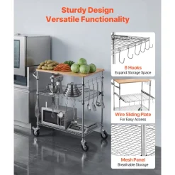 VEVOR Kitchen Utility Cart, 3 Tier Heavy Duty Adjustable Wire Storage Rack with Wood Tabletop and Handle Bar, Rolling Portable Service Trolley on Wheels, 661 lbs Steel Work Table, 30x18x36 in