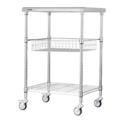 VEVOR Kitchen Utility Cart, 3 Tiers, Wire Rolling Cart with 470LBS Capacity, Steel Service Cart on Wheels, Metal Storage Trolley with 76mm Basket Curved Handle PP Liner 6 Hooks, for Indoor and Outdoor