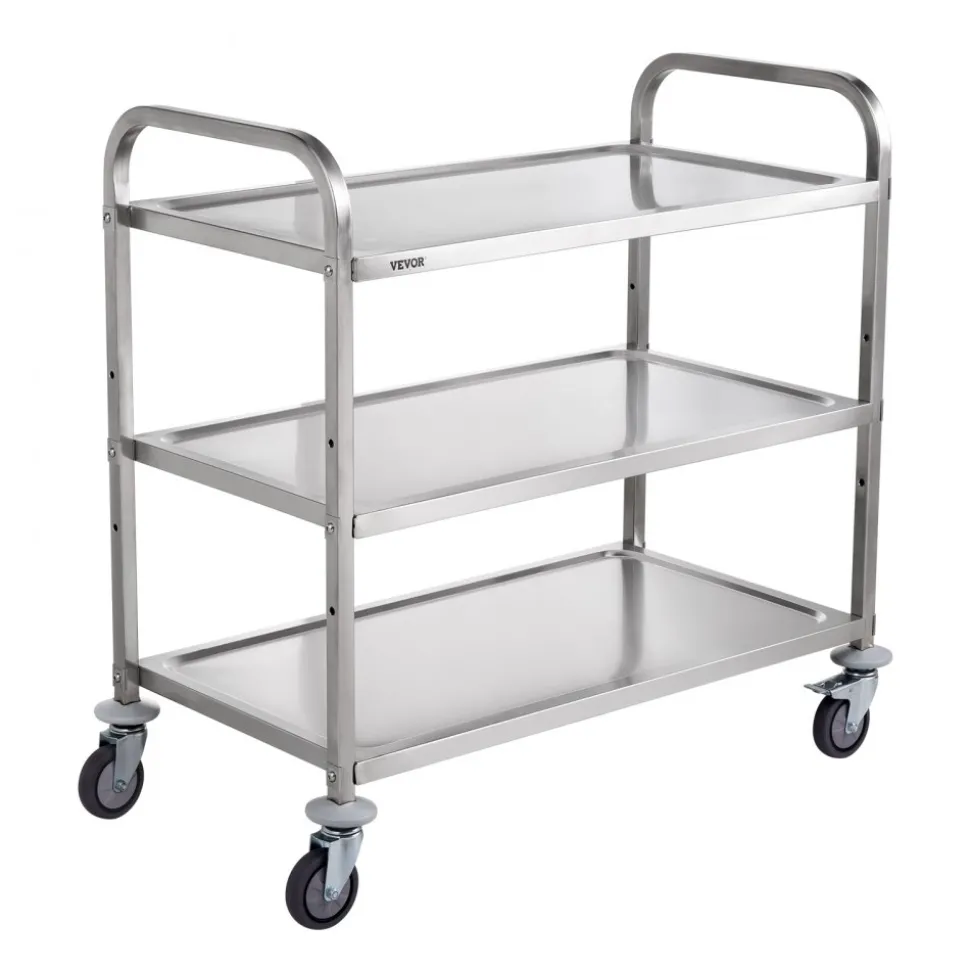 VEVOR Kitchen Utility Cart, 3 Tiers, Wire Rolling Cart with 450LBS Capacity, Steel Service Cart on Wheels, Metal Storage Trolley with 80mm Basket Curved Handle PP Liner 6 Hooks, for Indoor and Outdoor