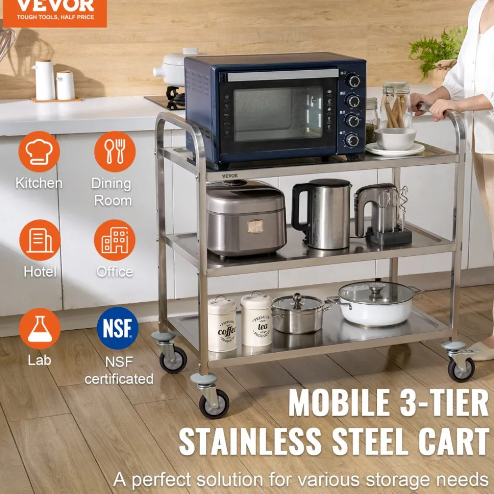 VEVOR Kitchen Utility Cart, 3 Tiers, Wire Rolling Cart with 450LBS Capacity, Steel Service Cart on Wheels, Metal Storage Trolley with 80mm Basket Curved Handle PP Liner 6 Hooks, for Indoor and Outdoor