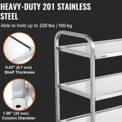 VEVOR Kitchen Utility Cart, 3 Tiers, Wire Rolling Cart with 450LBS Capacity, Steel Service Cart on Wheels, Metal Storage Trolley with 80mm Basket Curved Handle PP Liner 6 Hooks, for Indoor and Outdoor