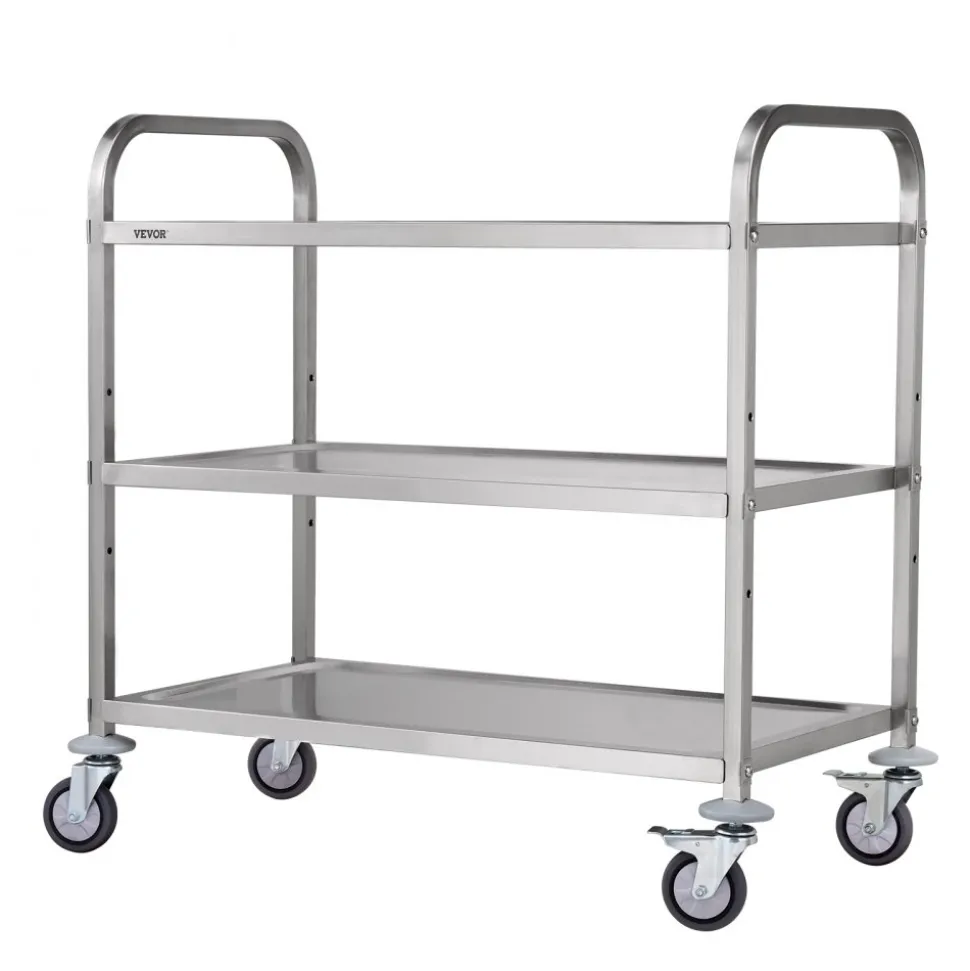 VEVOR Kitchen Utility Cart, 3 Tiers, Wire Rolling Cart with 450LBS Capacity, Steel Service Cart on Wheels, Metal Storage Trolley with 80mm Basket Curved Handle PP Liner 6 Hooks, for Indoor and Outdoor