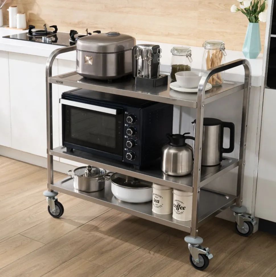 VEVOR Kitchen Utility Cart, 3 Tiers, Wire Rolling Cart with 450LBS Capacity, Steel Service Cart on Wheels, Metal Storage Trolley with 80mm Basket Curved Handle PP Liner 6 Hooks, for Indoor and Outdoor