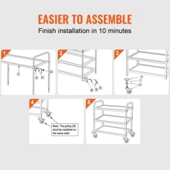 VEVOR Kitchen Utility Cart, 3 Tiers, Wire Rolling Cart with 450LBS Capacity, Steel Service Cart on Wheels, Metal Storage Trolley with 80mm Basket Curved Handle PP Liner 6 Hooks, for Indoor and Outdoor
