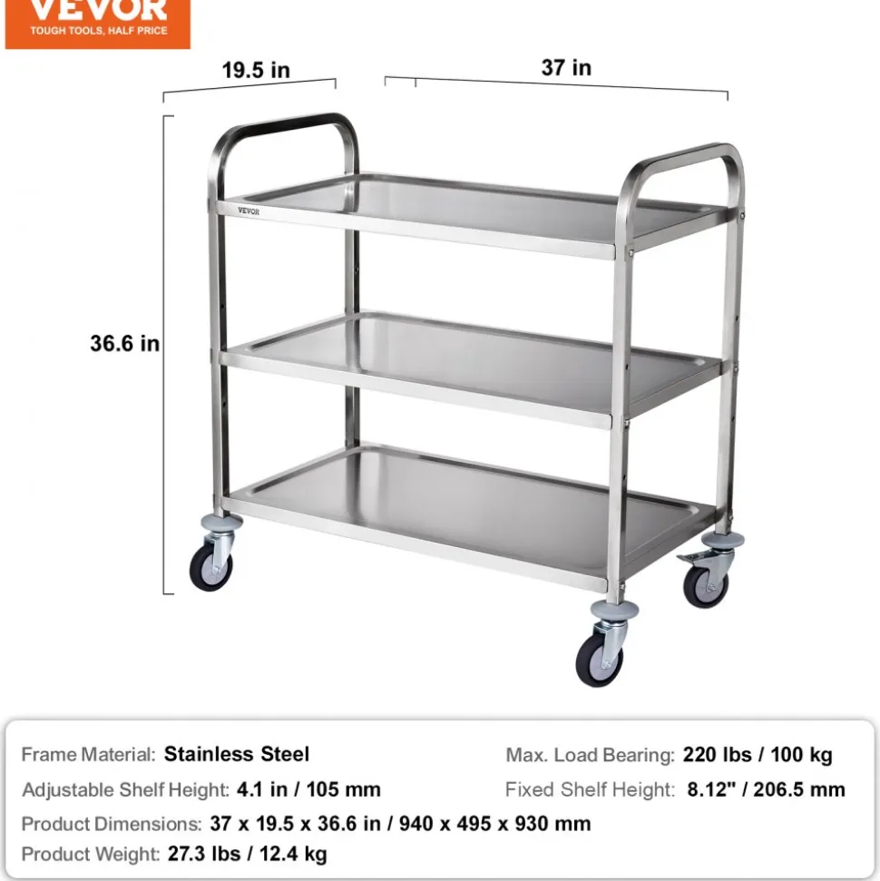 VEVOR Kitchen Utility Cart, 3 Tiers, Wire Rolling Cart with 450LBS Capacity, Steel Service Cart on Wheels, Metal Storage Trolley with 80mm Basket Curved Handle PP Liner 6 Hooks, for Indoor and Outdoor