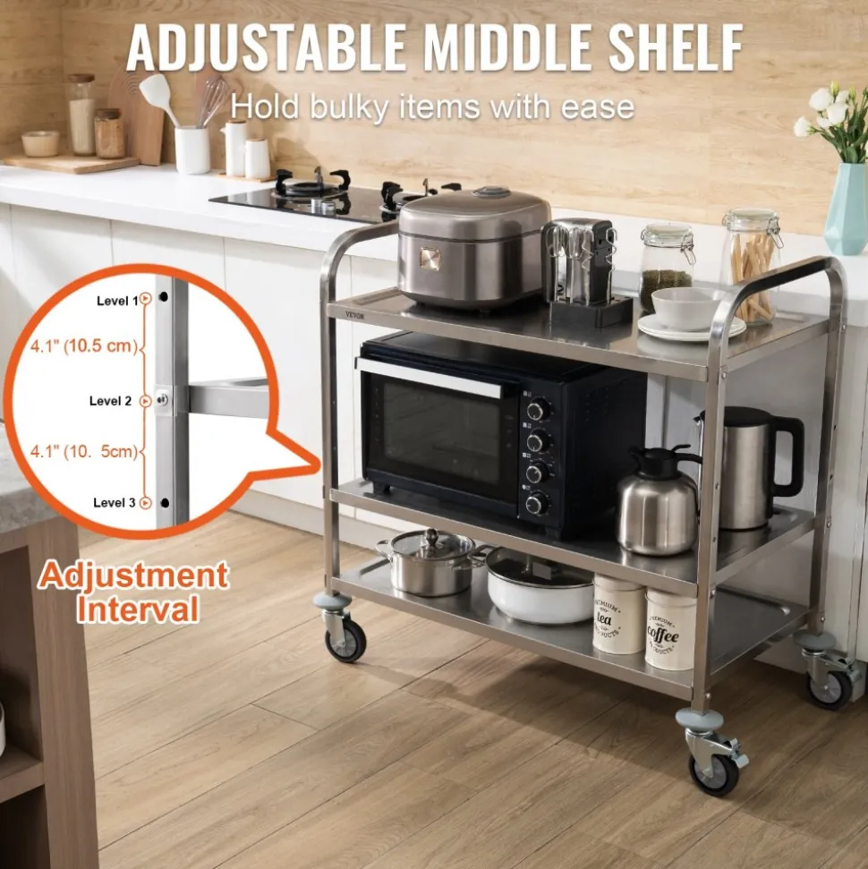 VEVOR Kitchen Utility Cart, 3 Tiers, Wire Rolling Cart with 450LBS Capacity, Steel Service Cart on Wheels, Metal Storage Trolley with 80mm Basket Curved Handle PP Liner 6 Hooks, for Indoor and Outdoor