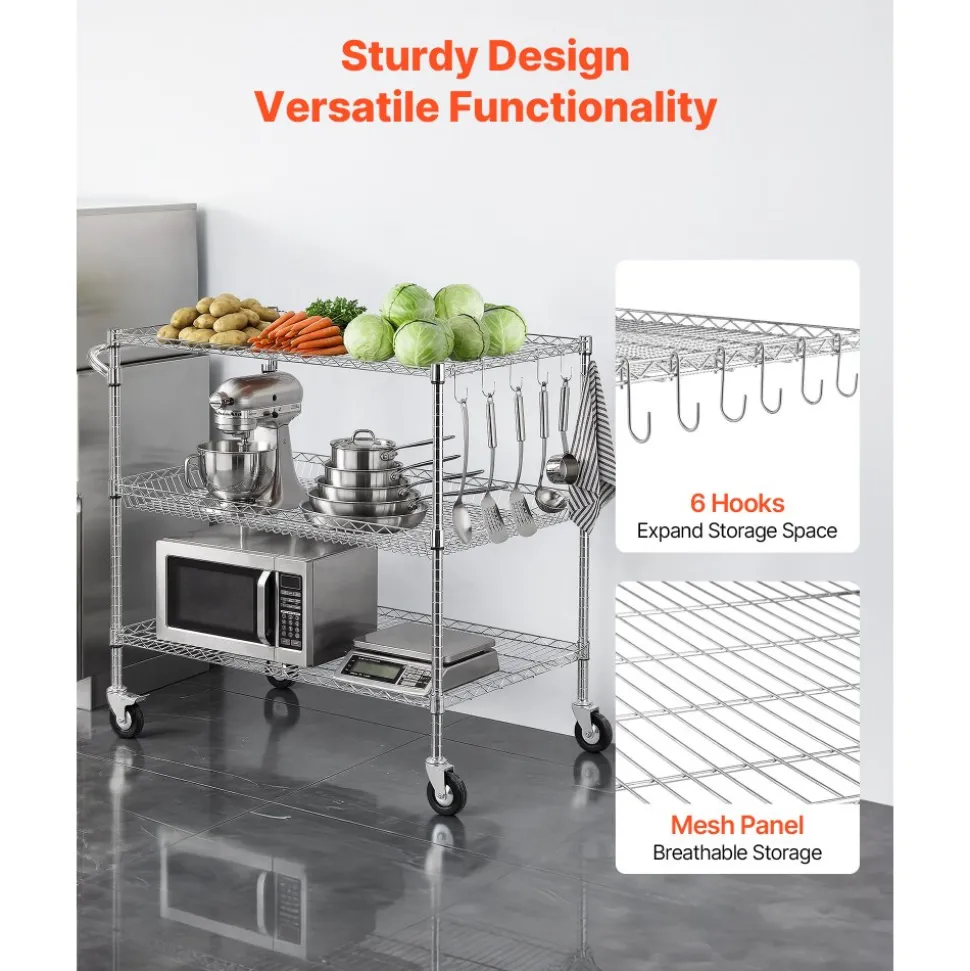 VEVOR Kitchen Utility Cart, 3 Tier Heavy Duty Adjustable Wire Storage Rack, Commercial Steel Rolling Service Trolley on Wheels, Work Table with Handle Bar, for Garage and Laundry Room, 40x25x40.9 in