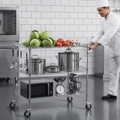 VEVOR Kitchen Utility Cart, 3 Tier Heavy Duty Adjustable Wire Storage Rack, Commercial Steel Rolling Service Trolley on Wheels, Work Table with Handle Bar, for Garage and Laundry Room, 40x25x40.9 in
