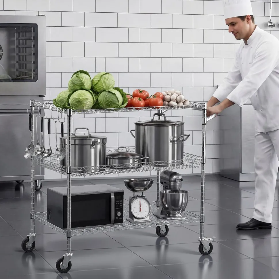 VEVOR Kitchen Utility Cart, 3 Tier Heavy Duty Adjustable Wire Storage Rack, Commercial Steel Rolling Service Trolley on Wheels, Work Table with Handle Bar, for Garage and Laundry Room, 40x25x40.9 in