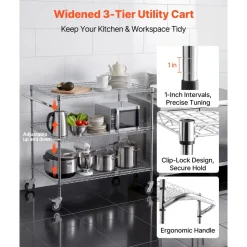 VEVOR Kitchen Utility Cart, 3 Tier Heavy Duty Adjustable Wire Storage Rack, Commercial Steel Rolling Service Trolley on Wheels, Work Table with Handle Bar, for Garage and Laundry Room, 40x25x40.9 in