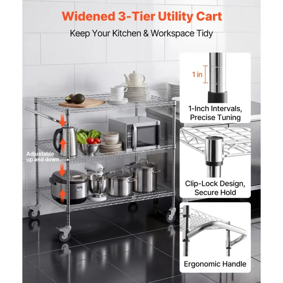 VEVOR Kitchen Utility Cart, 3 Tier Heavy Duty Adjustable Wire Storage Rack, Commercial Steel Rolling Service Trolley on Wheels, Work Table with Handle Bar, for Garage and Laundry Room, 40x25x40.9 in