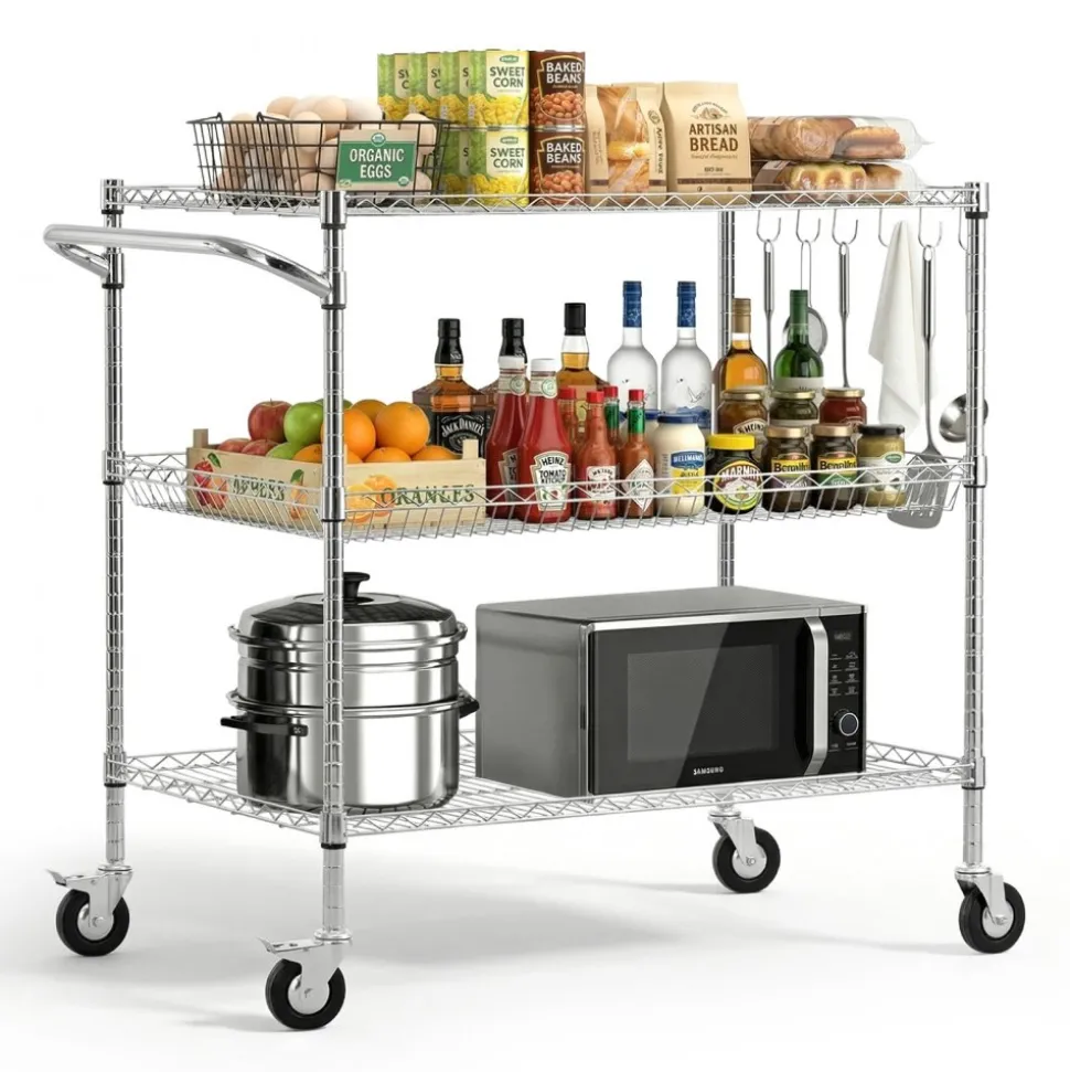 VEVOR Kitchen Utility Cart, 3 Tier Heavy Duty Adjustable Wire Storage Rack, Commercial Steel Rolling Service Trolley on Wheels, Work Table with Handle Bar, for Garage and Laundry Room, 40x25x40.9 in