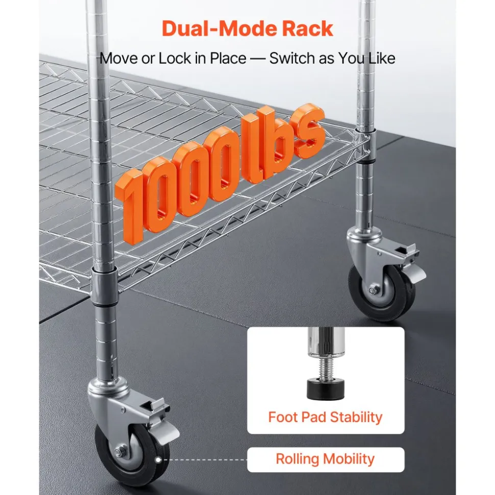 VEVOR Kitchen Utility Cart, 3 Tier Heavy Duty Adjustable Wire Storage Rack, Commercial Steel Rolling Service Trolley on Wheels, Work Table with Handle Bar, for Garage and Laundry Room, 40x25x40.9 in