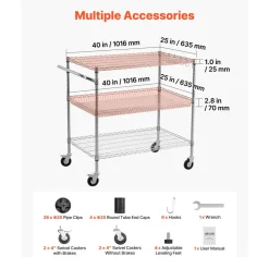 VEVOR Kitchen Utility Cart, 3 Tier Heavy Duty Adjustable Wire Storage Rack, Commercial Steel Rolling Service Trolley on Wheels, Work Table with Handle Bar, for Garage and Laundry Room, 40x25x40.9 in