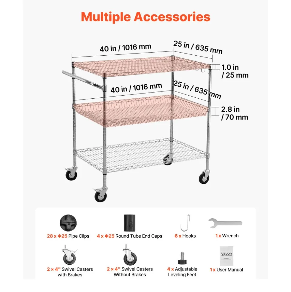 VEVOR Kitchen Utility Cart, 3 Tier Heavy Duty Adjustable Wire Storage Rack, Commercial Steel Rolling Service Trolley on Wheels, Work Table with Handle Bar, for Garage and Laundry Room, 40x25x40.9 in