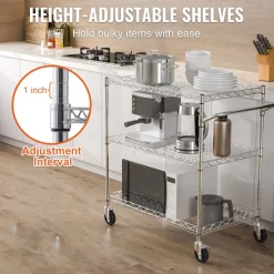 VEVOR Kitchen Utility Cart, 3 Tiers, Wire Rolling Cart with 661LBS Capacity, Steel Service Cart on Wheels, Metal Storage Trolley with 80mm Deep Basket Curved Handle 6 Hooks, for Indoor and Outdoor Use