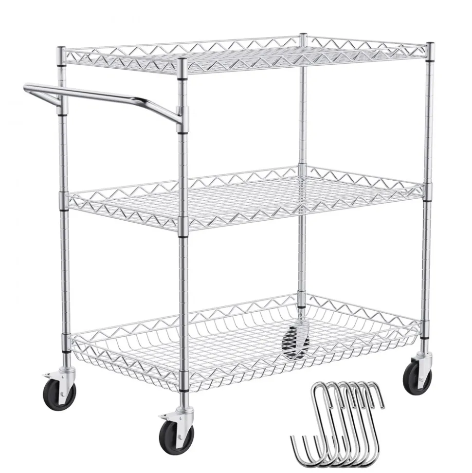 VEVOR Kitchen Utility Cart, 3 Tiers, Wire Rolling Cart with 661LBS Capacity, Steel Service Cart on Wheels, Metal Storage Trolley with 80mm Deep Basket Curved Handle 6 Hooks, for Indoor and Outdoor Use