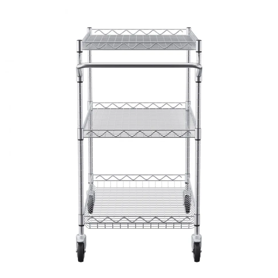 VEVOR Kitchen Utility Cart, 3 Tiers, Wire Rolling Cart with 661LBS Capacity, Steel Service Cart on Wheels, Metal Storage Trolley with 80mm Deep Basket Curved Handle 6 Hooks, for Indoor and Outdoor Use