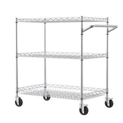VEVOR Kitchen Utility Cart, 3 Tiers, Wire Rolling Cart with 661LBS Capacity, Steel Service Cart on Wheels, Metal Storage Trolley with 80mm Deep Basket Curved Handle 6 Hooks, for Indoor and Outdoor Use