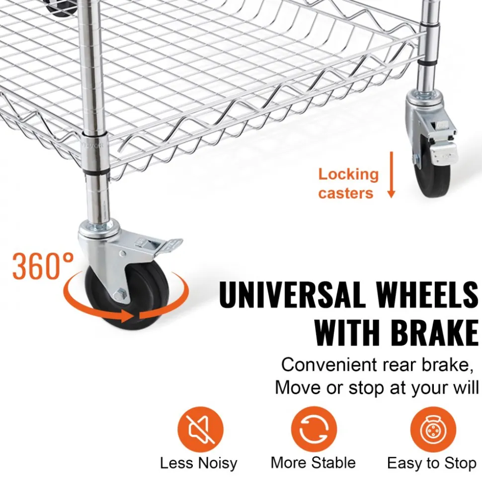 VEVOR Kitchen Utility Cart, 3 Tiers, Wire Rolling Cart with 661LBS Capacity, Steel Service Cart on Wheels, Metal Storage Trolley with 80mm Deep Basket Curved Handle 6 Hooks, for Indoor and Outdoor Use