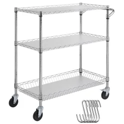 VEVOR Kitchen Utility Cart, 3 Tiers, Wire Rolling Cart with 661LBS Capacity, Steel Service Cart on Wheels, Metal Storage Trolley with 80mm Basket Curved Handle PP Liner 6 Hooks, for Indoor and Outdoor
