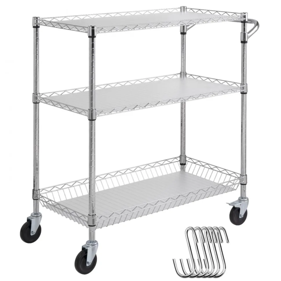 VEVOR Kitchen Utility Cart, 3 Tiers, Wire Rolling Cart with 661LBS Capacity, Steel Service Cart on Wheels, Metal Storage Trolley with 80mm Basket Curved Handle PP Liner 6 Hooks, for Indoor and Outdoor