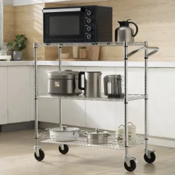 VEVOR Kitchen Utility Cart, 3 Tiers, Wire Rolling Cart with 661LBS Capacity, Steel Service Cart on Wheels, Metal Storage Trolley with 80mm Basket Curved Handle PP Liner 6 Hooks, for Indoor and Outdoor