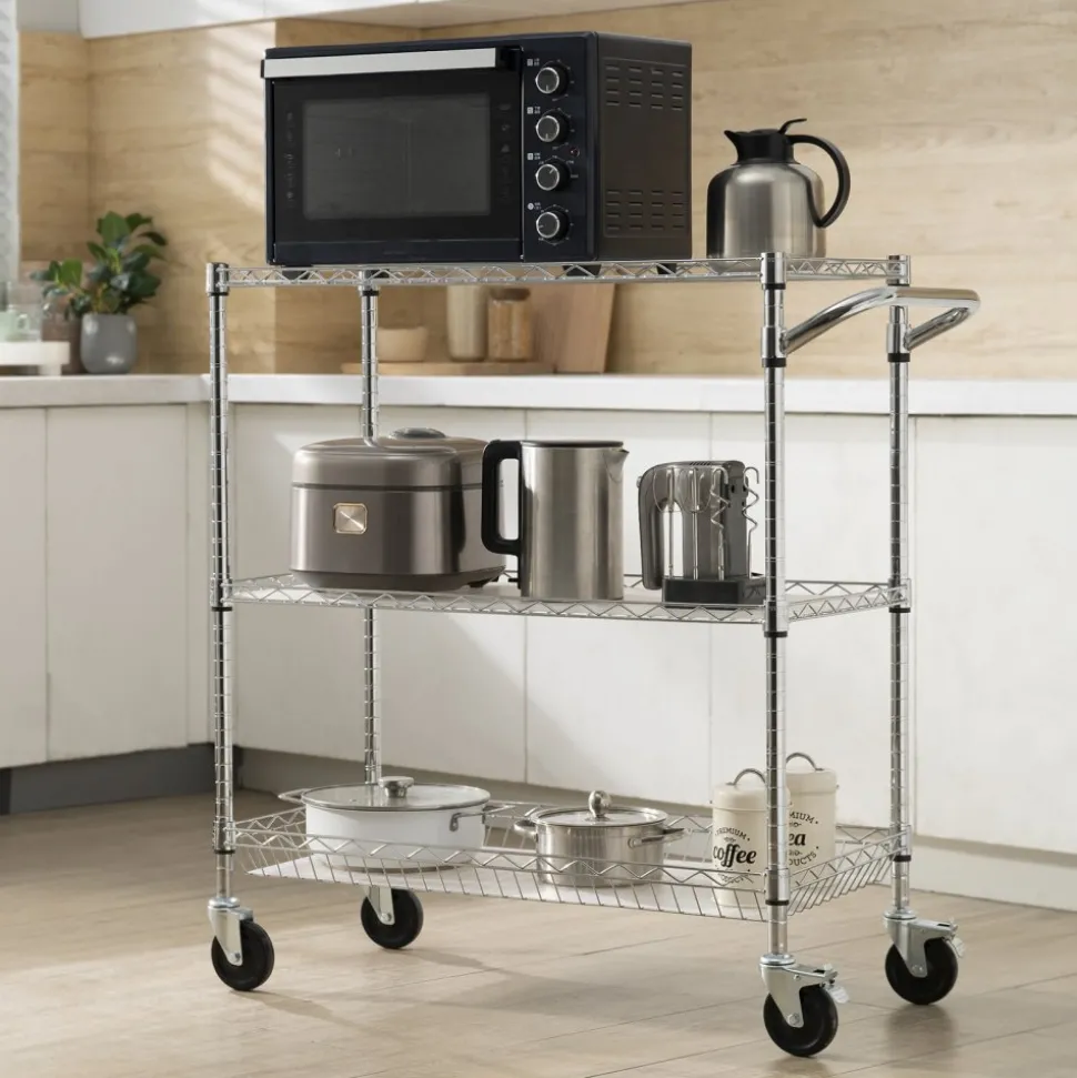 VEVOR Kitchen Utility Cart, 3 Tiers, Wire Rolling Cart with 661LBS Capacity, Steel Service Cart on Wheels, Metal Storage Trolley with 80mm Basket Curved Handle PP Liner 6 Hooks, for Indoor and Outdoor