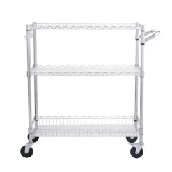 VEVOR Kitchen Utility Cart, 3 Tiers, Wire Rolling Cart with 661LBS Capacity, Steel Service Cart on Wheels, Metal Storage Trolley with 80mm Basket Curved Handle PP Liner 6 Hooks, for Indoor and Outdoor