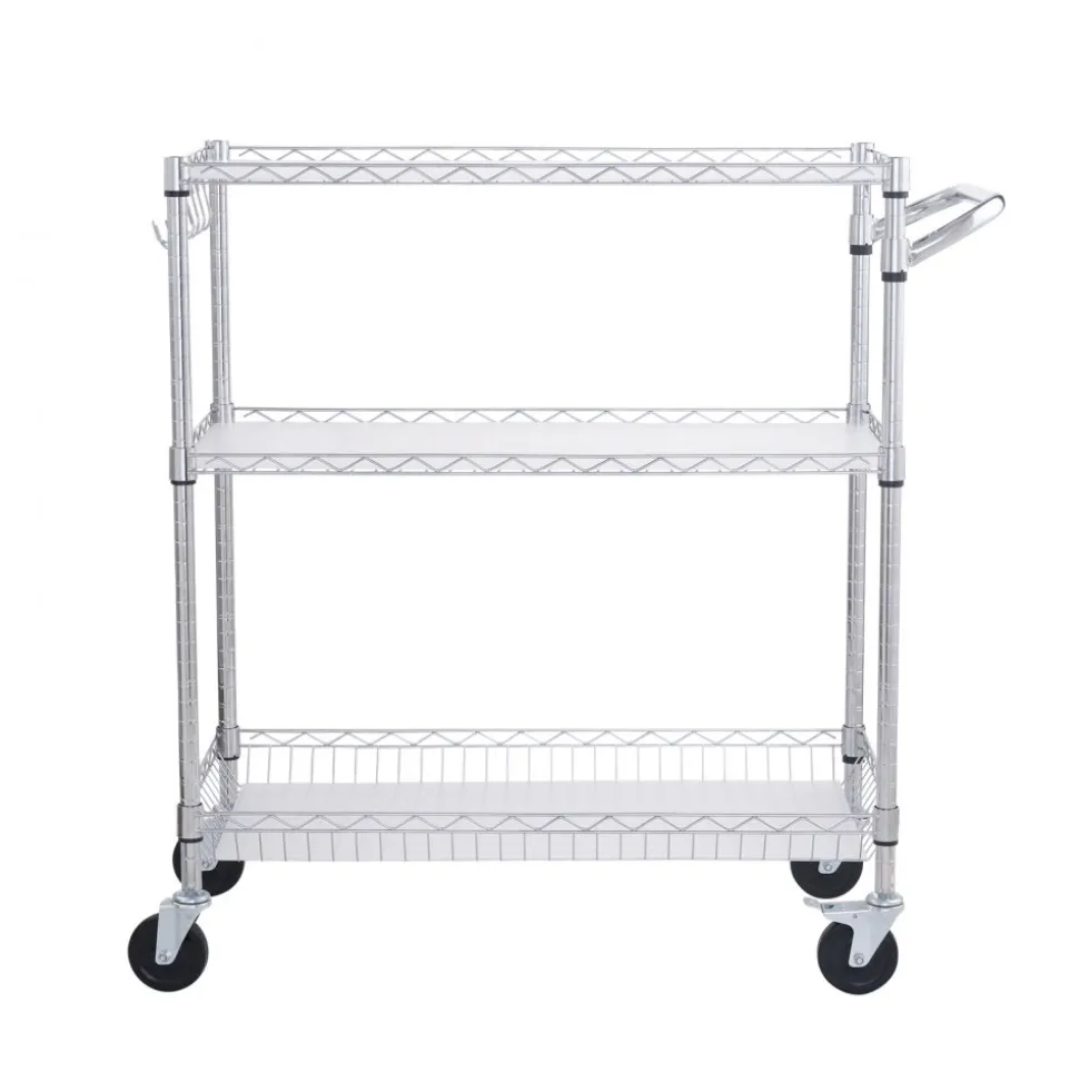 VEVOR Kitchen Utility Cart, 3 Tiers, Wire Rolling Cart with 661LBS Capacity, Steel Service Cart on Wheels, Metal Storage Trolley with 80mm Basket Curved Handle PP Liner 6 Hooks, for Indoor and Outdoor