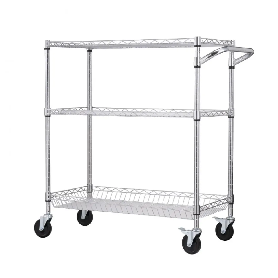 VEVOR Kitchen Utility Cart, 3 Tiers, Wire Rolling Cart with 661LBS Capacity, Steel Service Cart on Wheels, Metal Storage Trolley with 80mm Basket Curved Handle PP Liner 6 Hooks, for Indoor and Outdoor