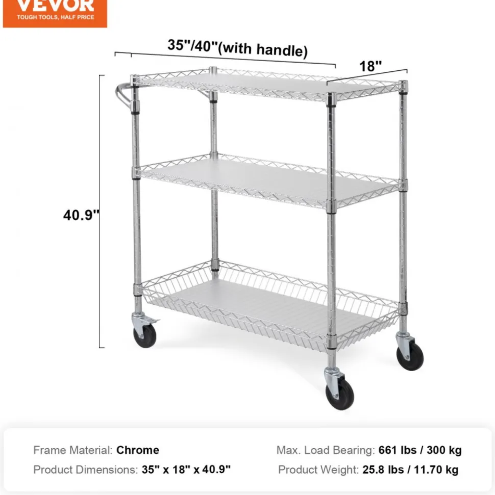 VEVOR Kitchen Utility Cart, 3 Tiers, Wire Rolling Cart with 661LBS Capacity, Steel Service Cart on Wheels, Metal Storage Trolley with 80mm Basket Curved Handle PP Liner 6 Hooks, for Indoor and Outdoor