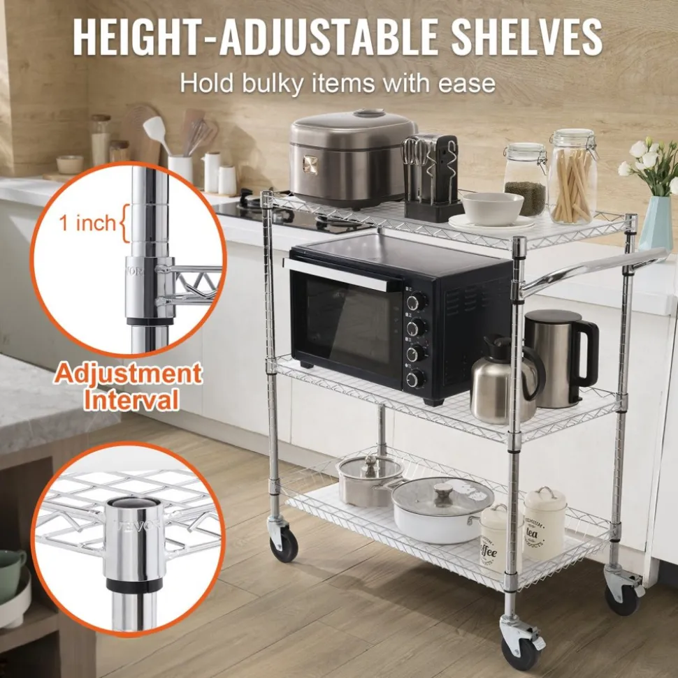 VEVOR Kitchen Utility Cart, 3 Tiers, Wire Rolling Cart with 661LBS Capacity, Steel Service Cart on Wheels, Metal Storage Trolley with 80mm Basket Curved Handle PP Liner 6 Hooks, for Indoor and Outdoor